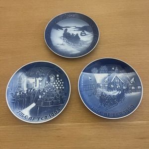 Vintage Decorative Plate Set 3 Blue B&G Juletraeer Hentes Denmark Holiday